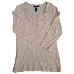 Karen Scott Pink Cotton Crochet Lace Rhinestone V-Neck 3/4 Sleeve Top Medium